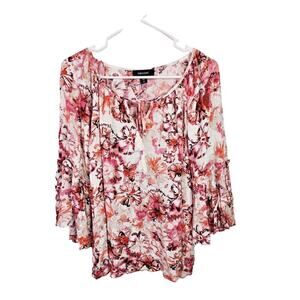 Karen Kane Pink & White Floral Peasant Top with Tassel Tie